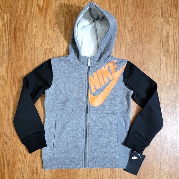Nike Sportswear NSW Jacket Hoodie Gray Black Orange Club Fleece Unisex Kids 7 - Picture 1 of 5